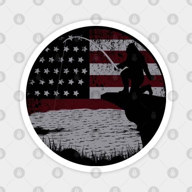 Bigfoot Fishing American Flag Magnet by Tesszero